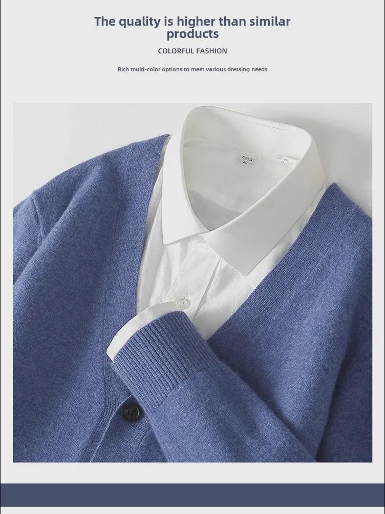 Pánský kašmírový vlněný kardigan svetr s výstřihem do V - Volný jednobarevný, Dlouhý rukáv, Ležérní univerzální (2024).