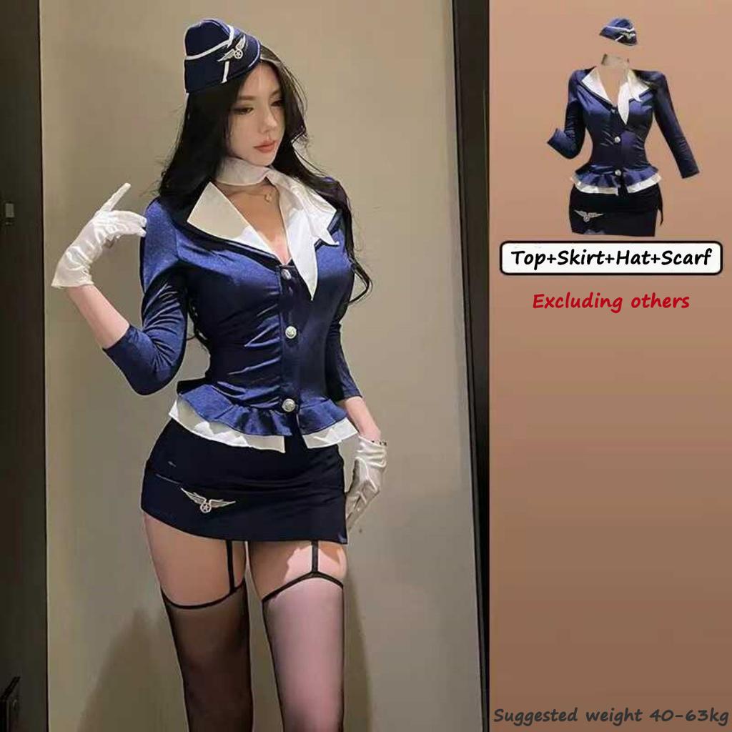 2025 NEW Woman Sexy Airline Stewardess Cosplay Sexy Air Hostess Uniform Halloween Costumes Fancy Role Play Party Nightclub Set