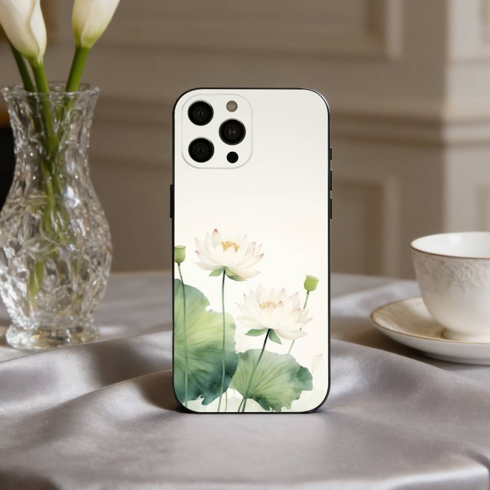 E-Emerald W-White Lotus Phone Case For iPhone 17,16,15,14,13,12,11 Plus,Pro Max,XS,Soft Silicone Black Cover