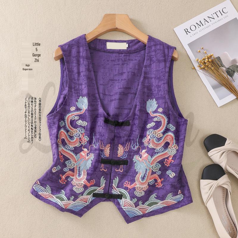 2026 Spring/Summer Retro Ethnic V-neck Embroidered Cotton Linen Sleeveless Vest for Women