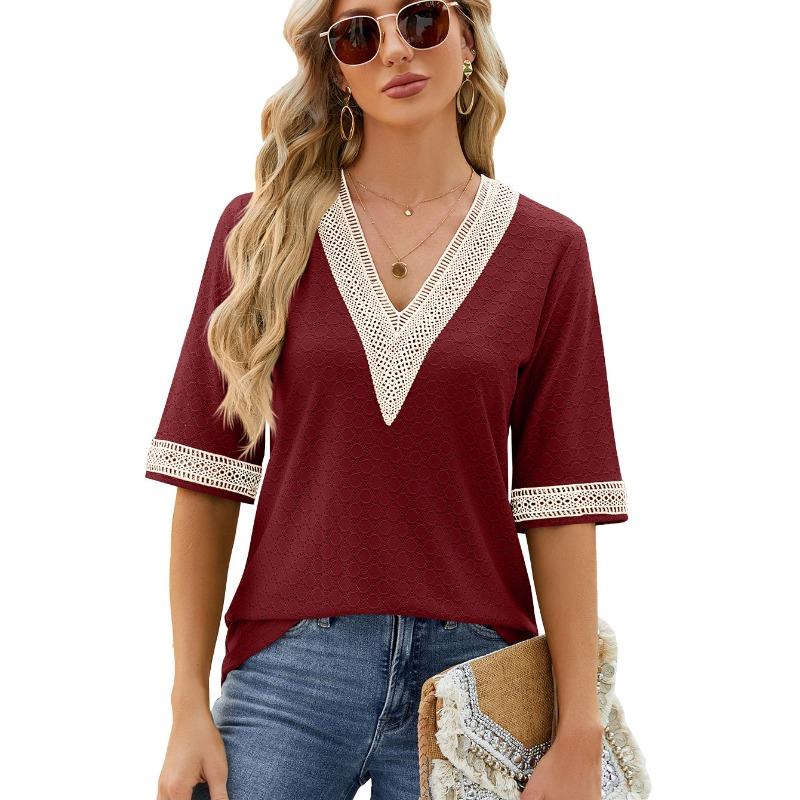 Spring Summer V-neck Gold Lace Patchwork Five Quarter Sleeve Loose T-shirt Top for Women