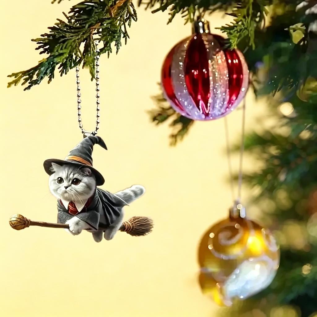 2D Flat Flying Cat Acrylic Hanging Ornament, Cute Wizard Cat Pendant for Car & Bag Decor