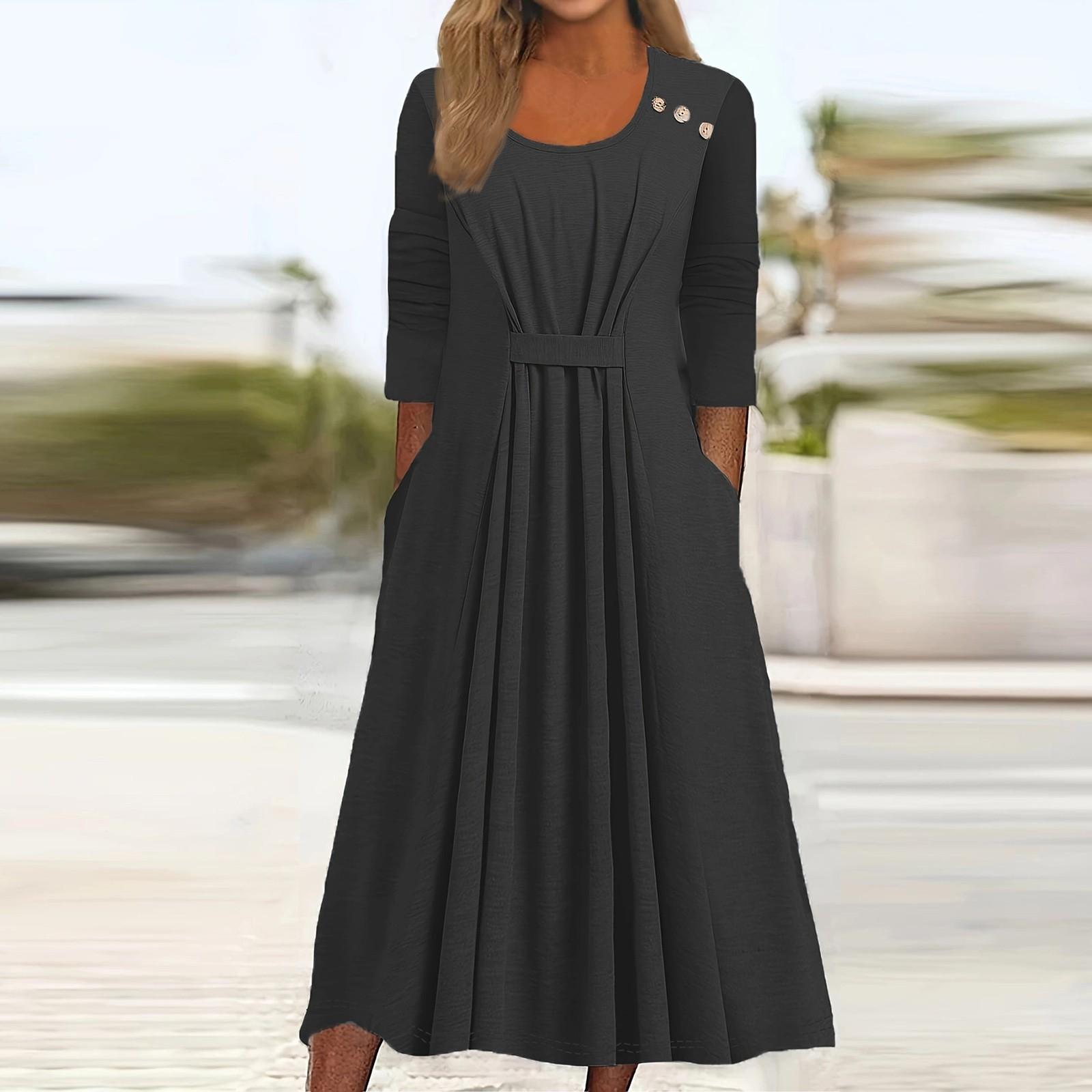 

Женское облегающее однотонное элегантное платье с рукавами-семью и круглым вырезом XXL чёрный