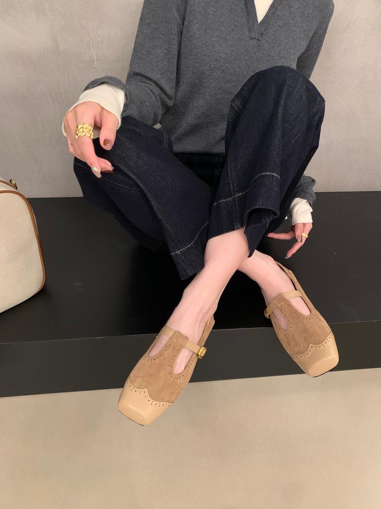2025 New French Retro Versatile Word with Flat Bottom Suede Square Head Shallow Mouth Mary Jane Shoes Autumn