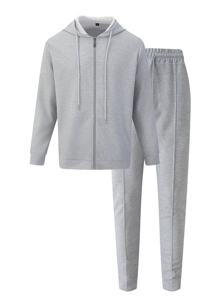 2024 Winter Waffle Pocket Zipper Hooded Jacket & Long Pants Set