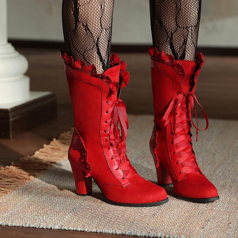 FOREADA Stivaletti da Donna Punta Tonda Stivali da Strega Tacco Alto Spesso con Lacci Stivaletti Corti Scarpe Moda Donna Autunno Inverno Rosso 46