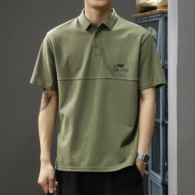 

Однотонный универсальный поло-воротник, модный бренд, с короткими рукавами, свободного кроя, мужской повседневный летний топ с воротником и рукавами до локтя 4XL зелёный
