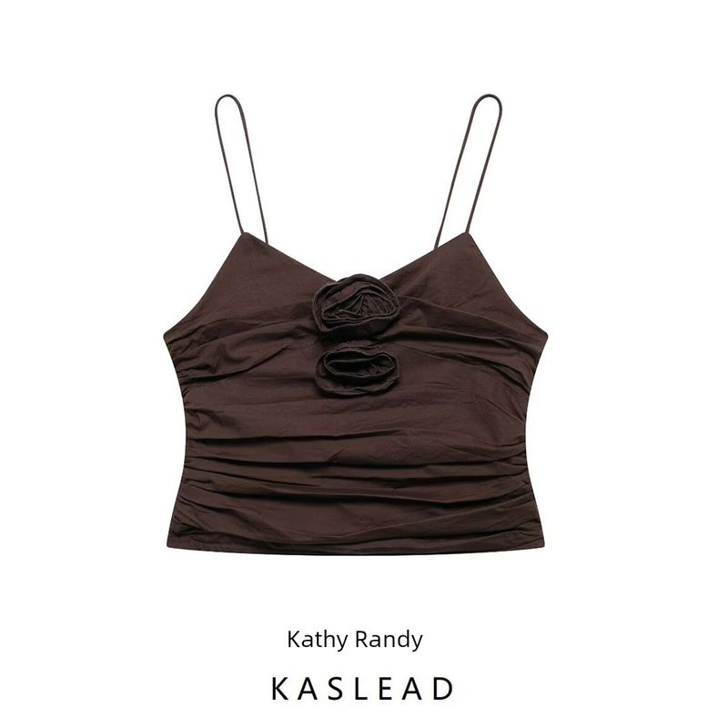 Kaslead New Arrival Women's Fashion Style Fashion Convex Flower Decoration Ruched Short Top 0881075
