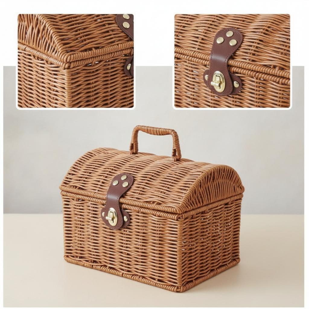 Basket with Lid and Handle Rattan Basket with Handle Portable Sturdy for Home Storage, Picnics