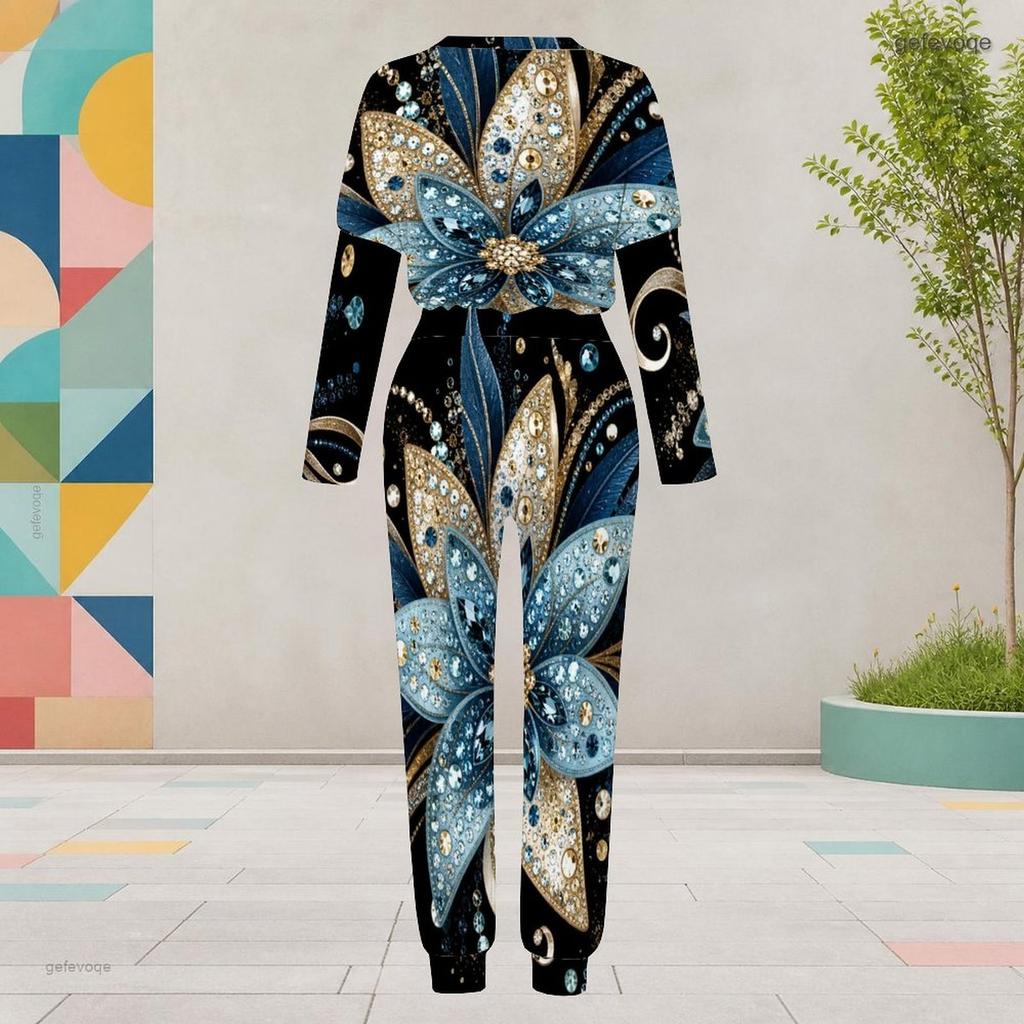 Women Plus Size Round Neck Long Sleeve Black Printed Two Piece Set Cuffed Top And Pants With Pockets