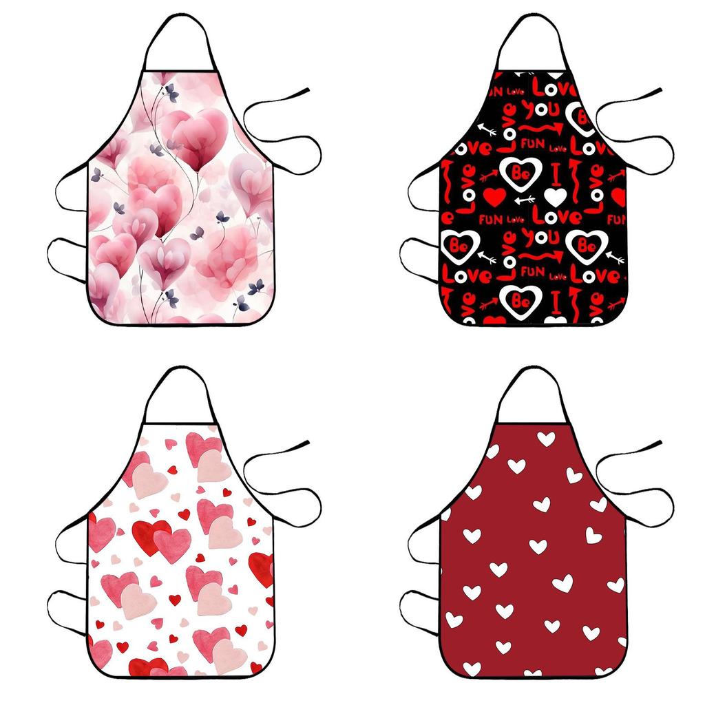 Romantic Valentines Day Apron With Black Heart Letter Print Waterproof Sleeveless Kitchen Cooking Gear For Couples