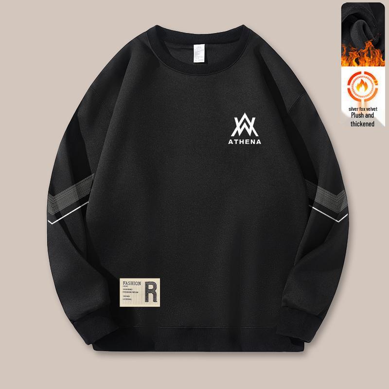Men's Fleece-Lined Round Neck Sweatshirt, Long Sleeve Casual Pullover for Autumn/Winter
