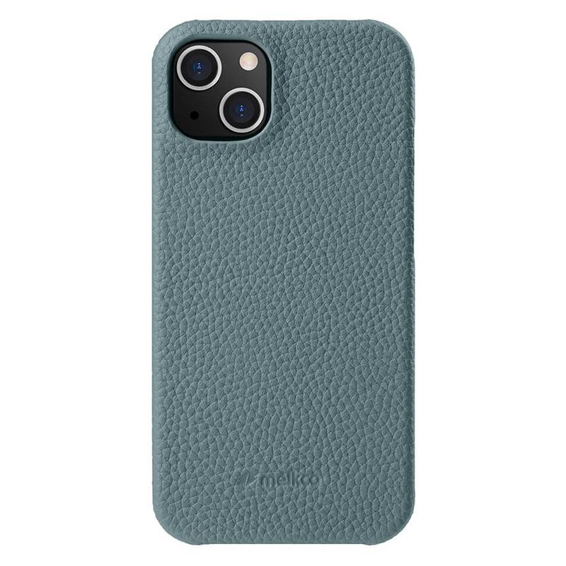 

MELKCO For iPhone 14 Plus Anti-drop Cell Phone Case Genuine Cow Leather Coated PC Cover Linen Blue