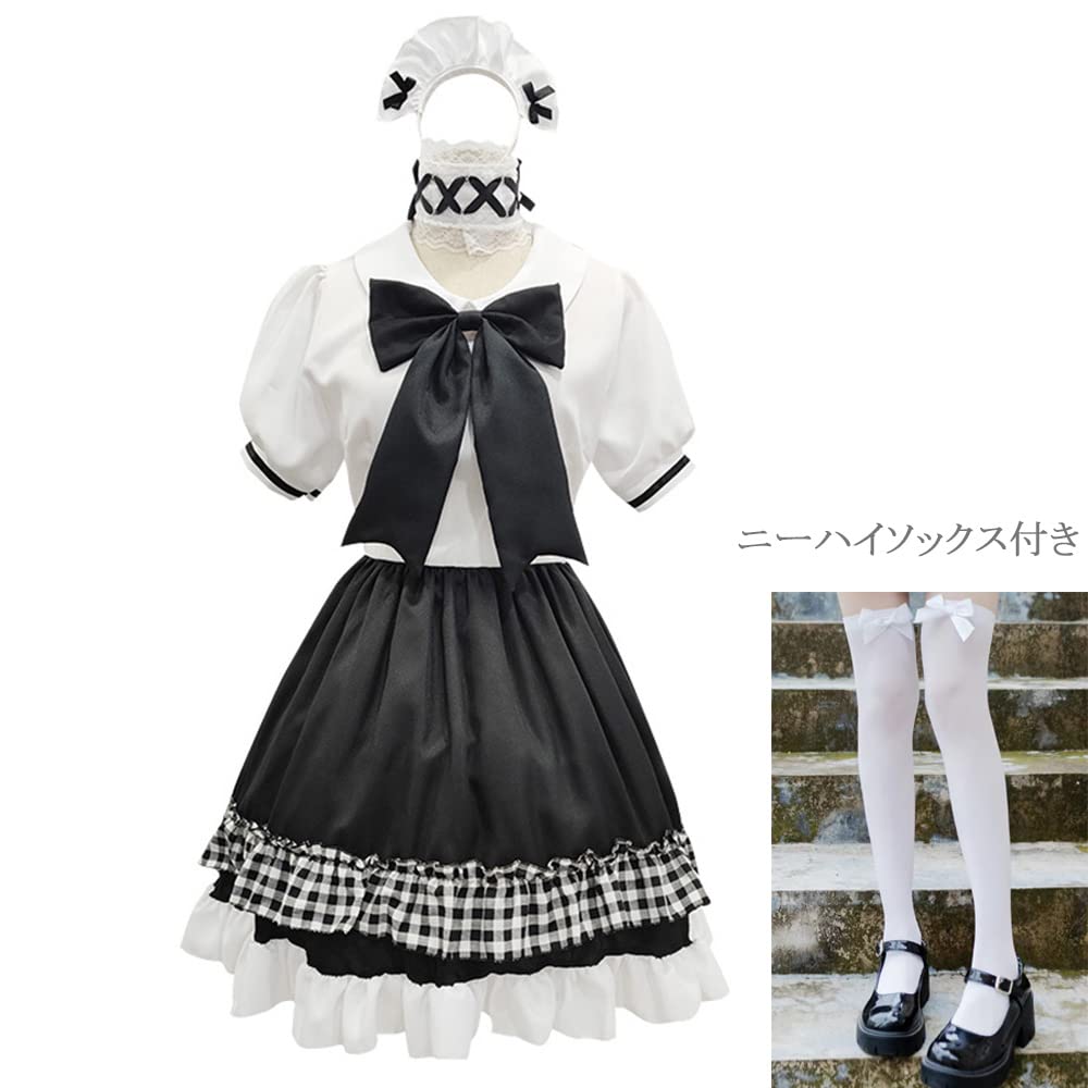 Plaid Maid Red and with Sexy and Cute Adult Dress with Socks [RPFLQ] Outfit, Black, Bow, Christmas, Cosplay, Halloween, Women's, Apron, Headband,