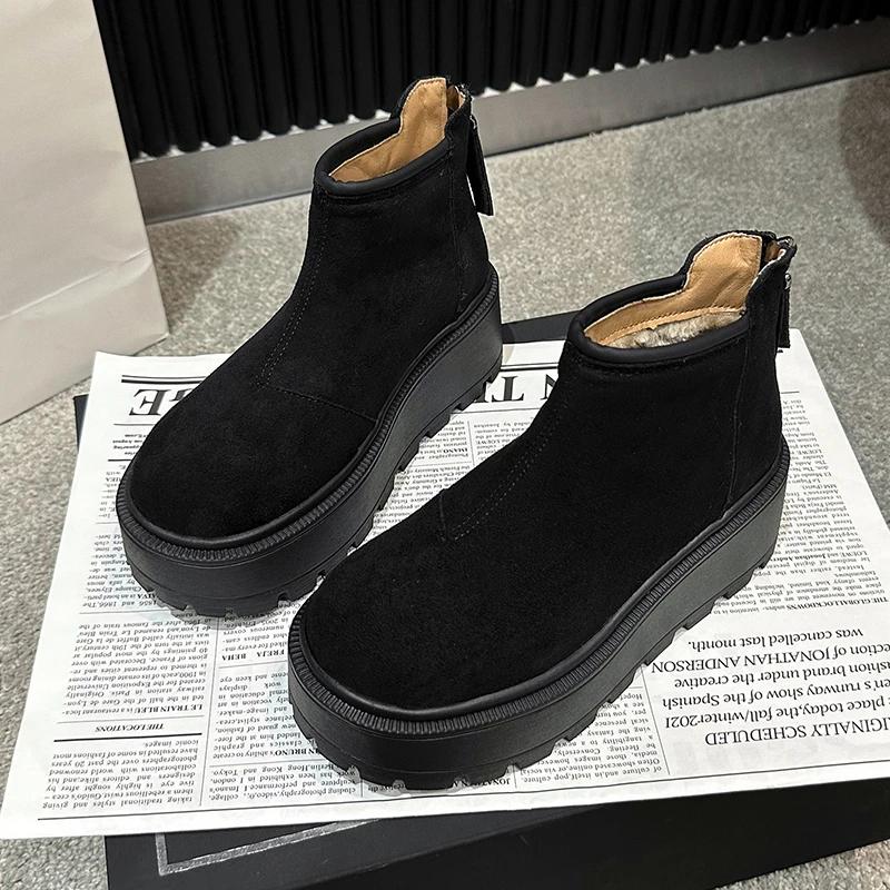 Damenmode Keilabsatz Baumwollstiefel Winter Neu Runde Spitze Wildleder Reißverschluss hinten Dicke Sohle Rutschfest Kurze Schneestiefel