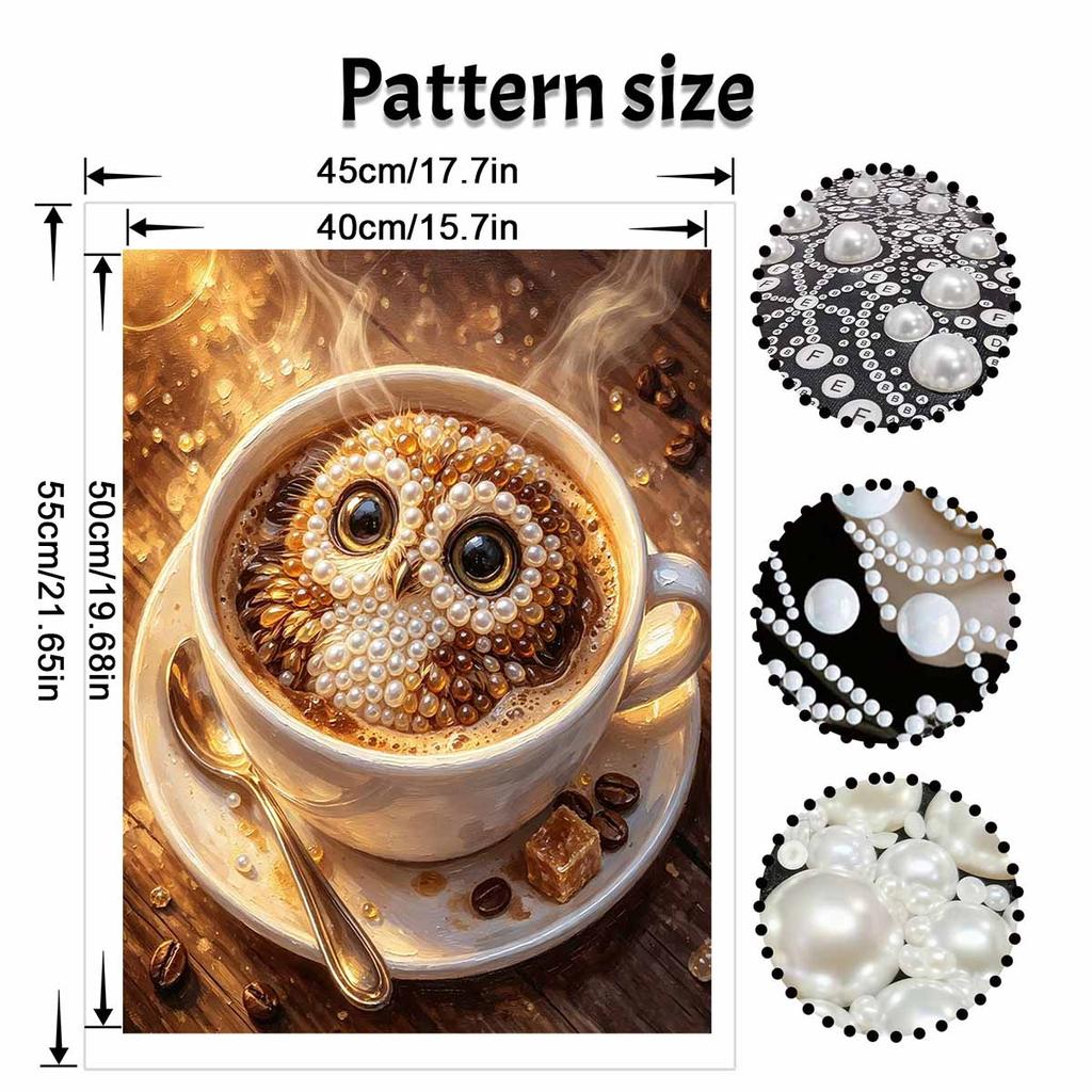 Framed Pearl Bead Painting Kit Owl Coffee Design DIY Shiny Canvas Art Relaxing Craft Gift for Craft Lovers Creative Handmade Decoration Projects