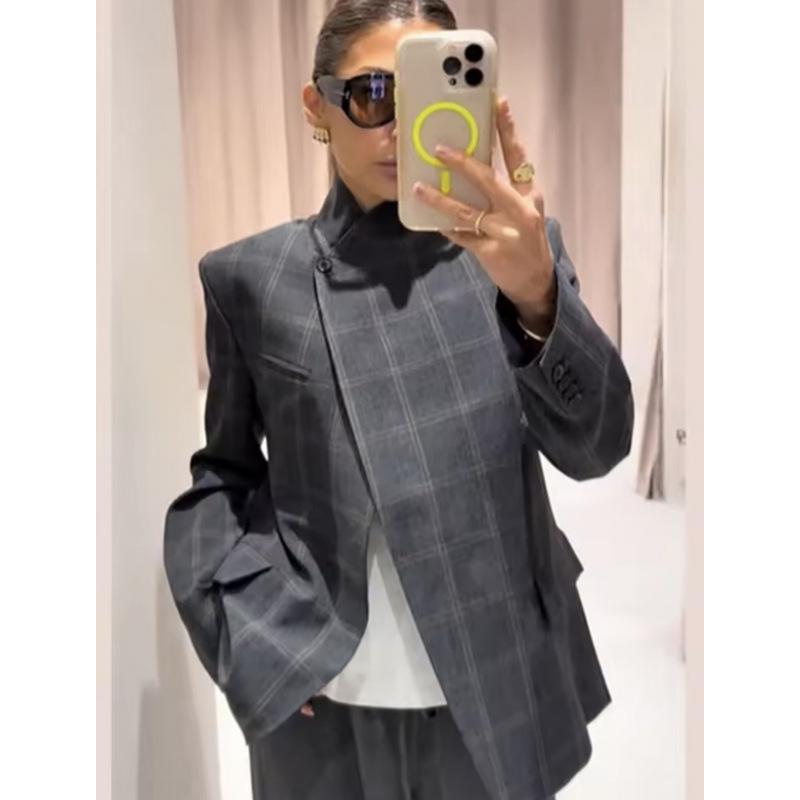 Plaid Stand Collar Button-Up Long Sleeve Pocket Casual Women s Suit Jacket Medium
