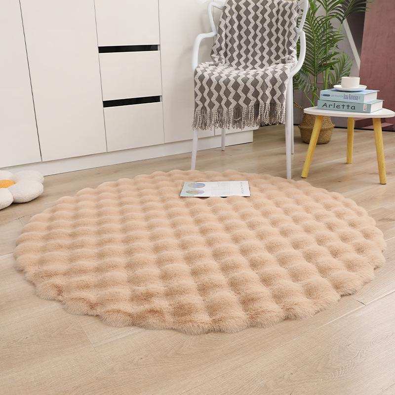 Round White Faux Wool Rug – Long Pile Floor Mat for Living Room, Bedroom, or Vanity Desk