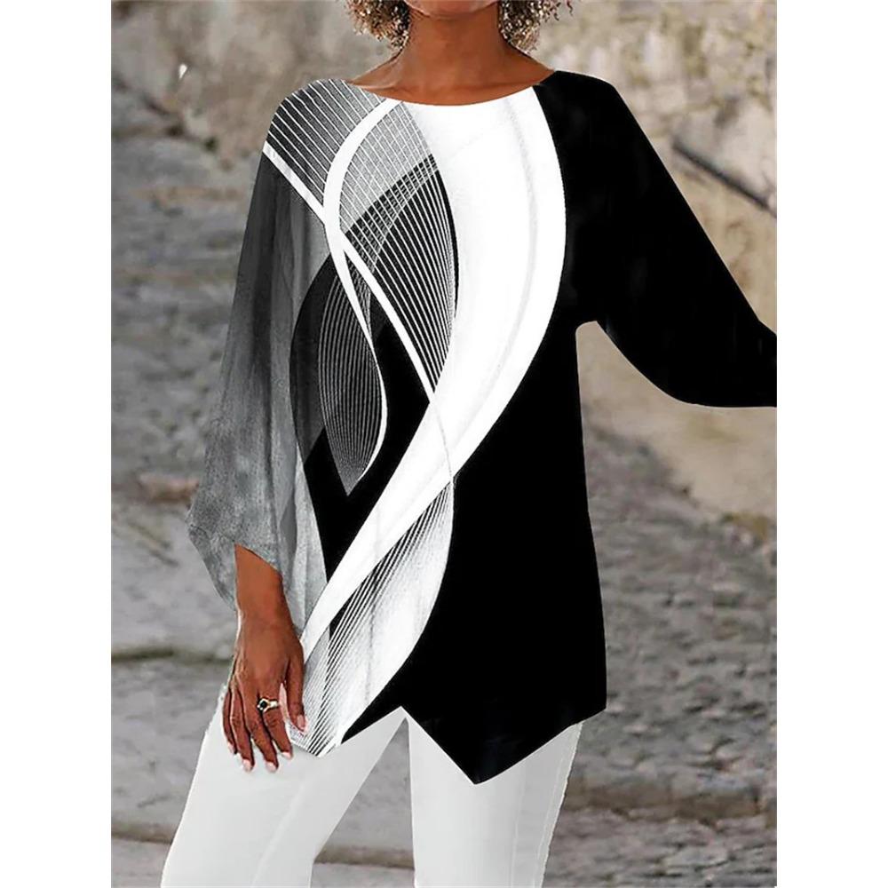 Spring and Summer Geometric Print Long Sleeved Patchwork Round Neck Loose Versatile Shirt