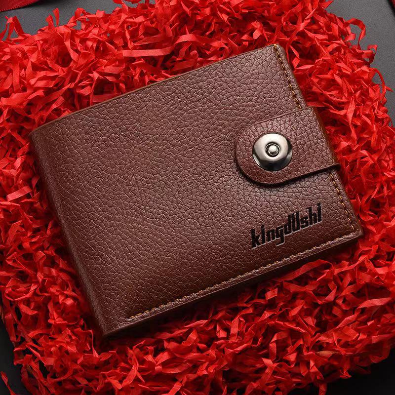 

Men s Cross-Border Magnetic Snap Short Wallet, Lychee Grain Leather, Zipper, Business Horizontal Style, Gift Bag Included.
