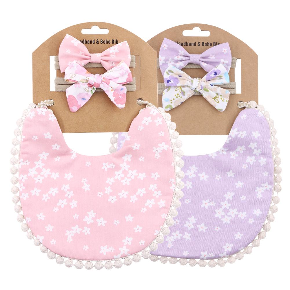 2 Sets/Lot Flower Print Embroidery Baby Bibs Headbands Bow Tie Scarf Bandana Double Side Toddler Saliva Towel Feeding Burp Cloth