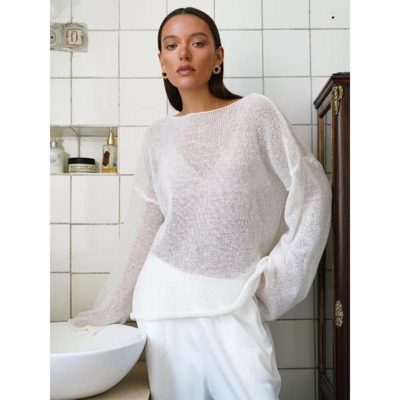 

Элегантный свитер для женщин 2025 Лето Осень Повседневная мода Свободные женские пуловеры Шикарный розовый белый джемпер Sueter Mujer S белый