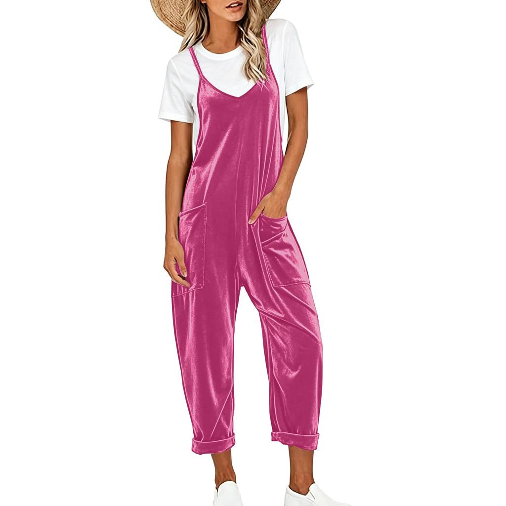 Women's V-Neck Sleeveless Color Jumpsuit with Large Pockets Loose Fit Casual
