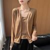 Dzianinowy sweter rozpinany z dekoltem w serek i długimi rękawami, damski, jednokolorowy, luźny design, dwuczęściowy, imitacja ubrania, nowy styl na lato i wiosnę