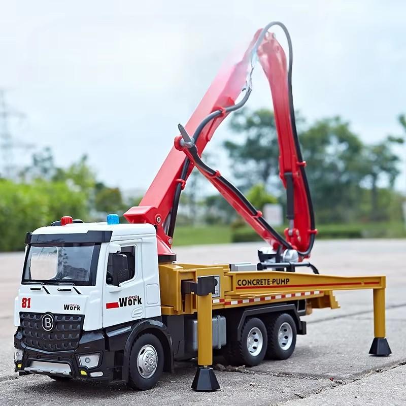 1:24 Electric Flatbed Trailer Cement Pump Truck Model Toys Diecast Alloy Car Doors Opened Sound Light Vehice Children's Boy Gift
