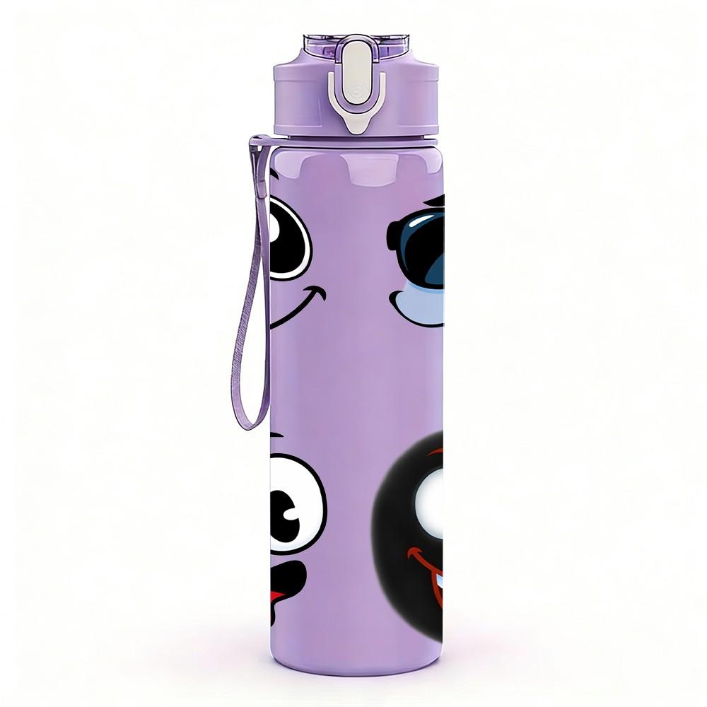 1PC Funny Face Two Emoji Cartoon Print 750ml Color Plastic Sports Water Bottle Leakproof Flip Straw Lid Suitable for Sports Office Home Use