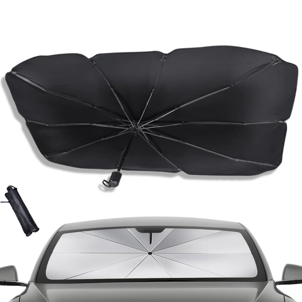 Kuronikuru Car Front Umbrella 10 Fiber Light Heat UV Easy Windshield and Rearview Mirror Sun Storage Case Large Size x 10 Ribs Sunshade, 360° Style,