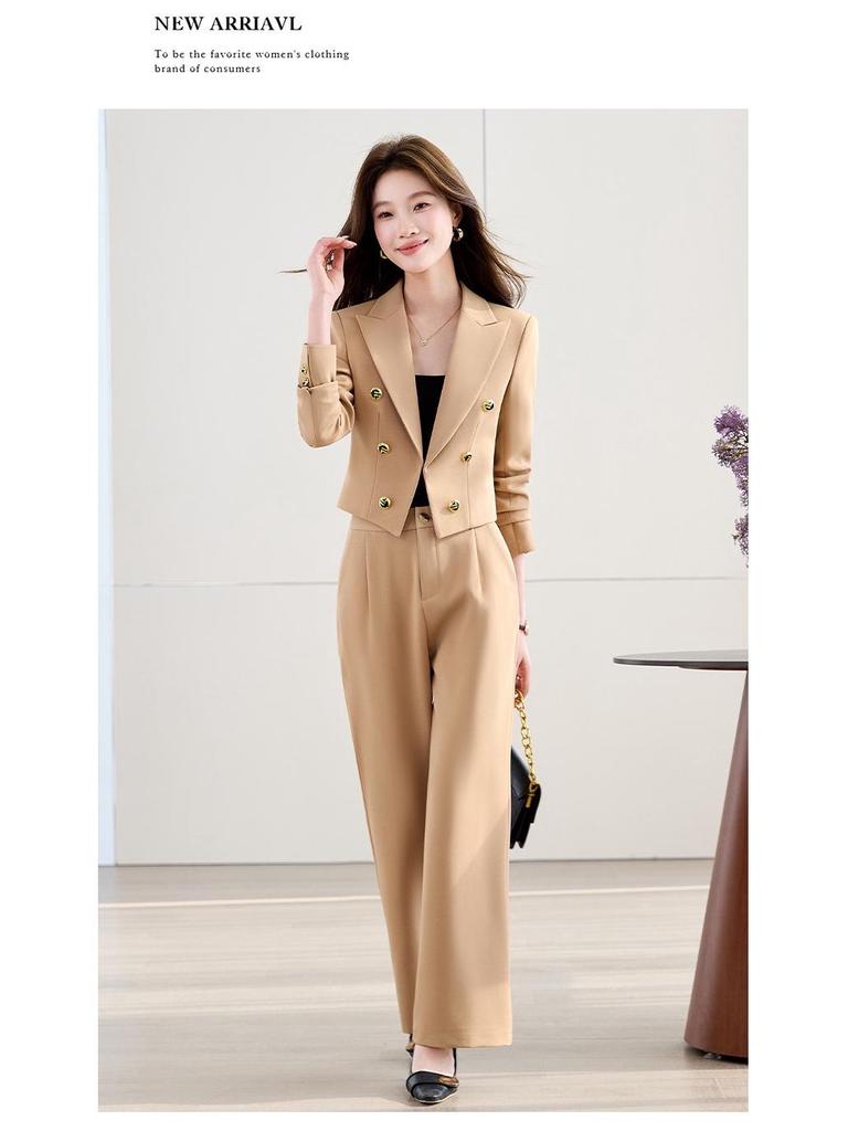 Women's Petite Slim Fit Color Block Suit Set - Light Luxury Style, Flattering Double-Breasted Short Blazer, Professional Wear.