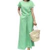 European Summer Pink Linen Women's Two-Piece Set: Short Sleeve Top & Wide-Leg Pants