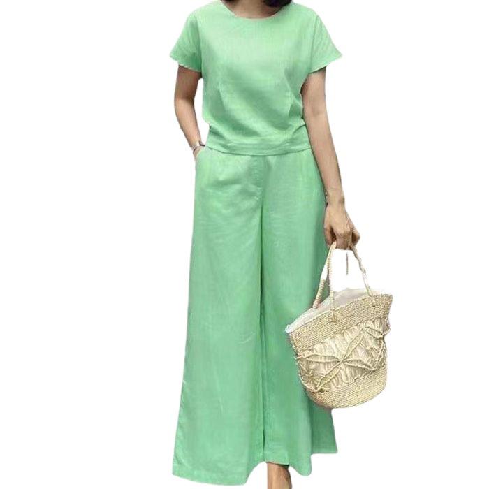 European Summer Pink Linen Women's Two-Piece Set: Short Sleeve Top & Wide-Leg Pants