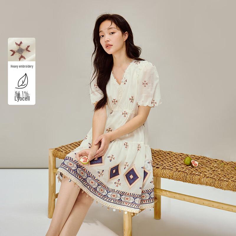 INMAN Embroidered Lyocell Puff Sleeve A-line Dress XL