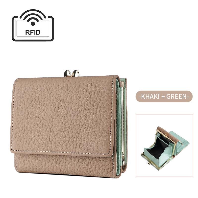 Women Kiss Lock Wallet Short Leather Kiss Clasp Metal Frame Coin Purse Small Card Holder Rfid Blocking Trifold Wallets for Women