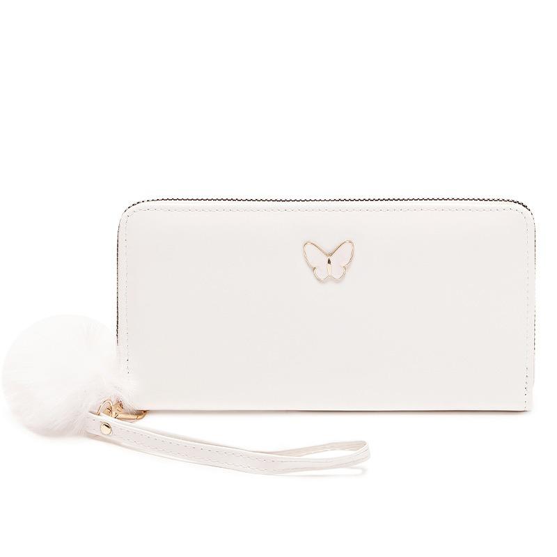 New solid color butterfly label wallet women's long zipper clutch bag hairball simple change bag one piece hair