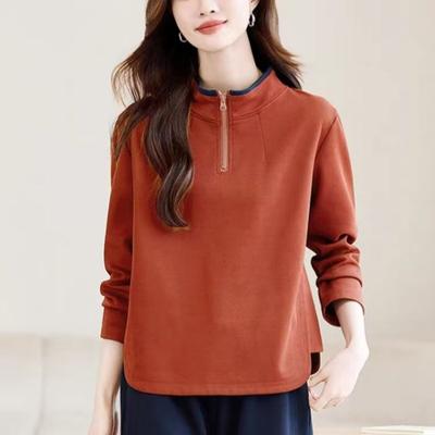 Autumn Winter Stand Collar Zipper Sweatshirt Women Loose Casual Solid Color All-match Bottomed Pullovers Top