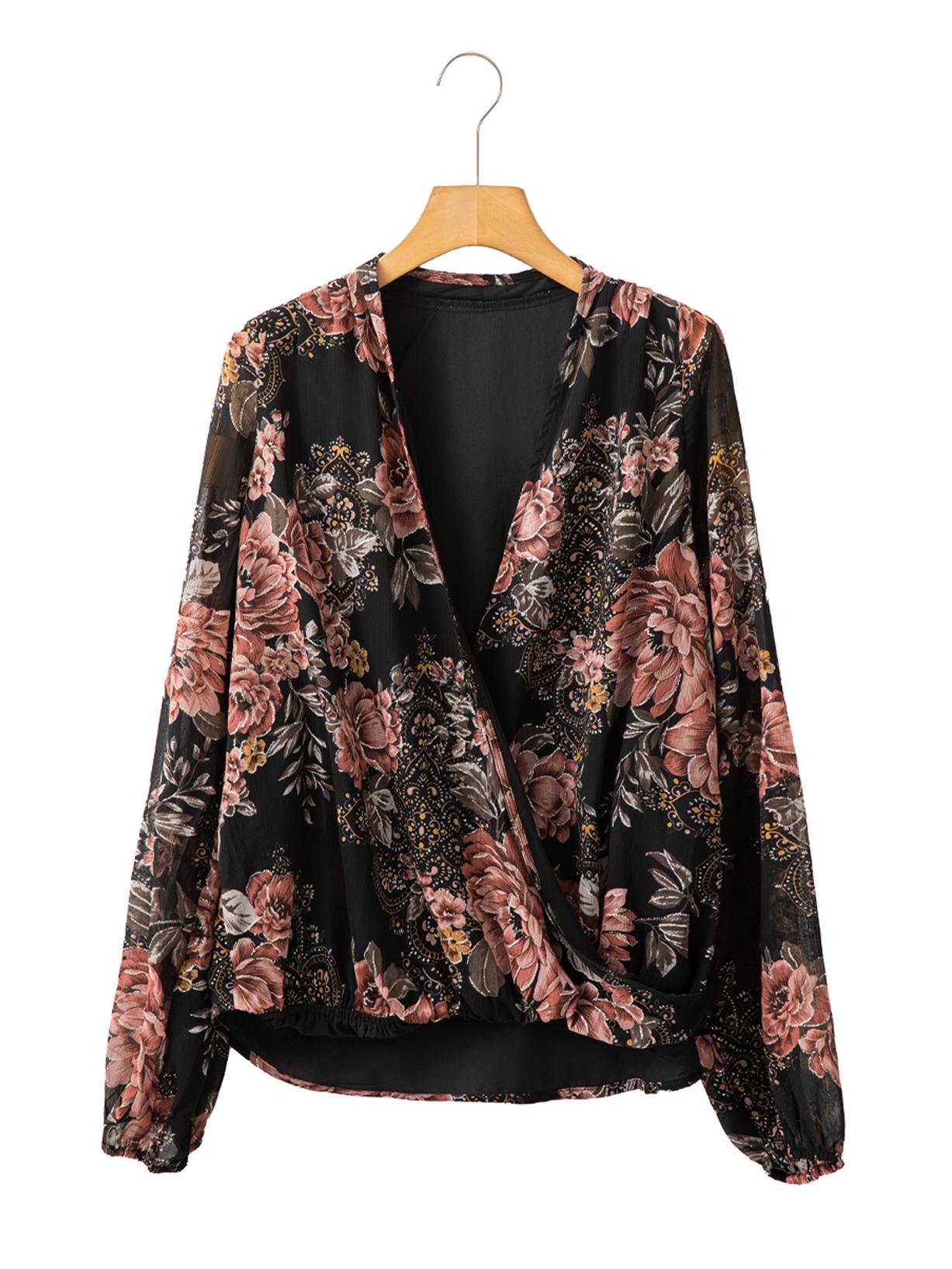 

Шифоновая блузка с V-образным вырезом и цветочным принтом Shiying - Осенняя мода для женщин XL чёрный