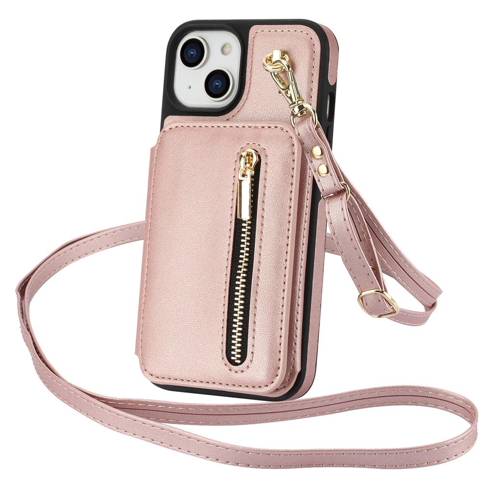 For iPhone 13 Case Zipper Pocket Kickstand Leather+TPU Phone Cover with 2 Straps