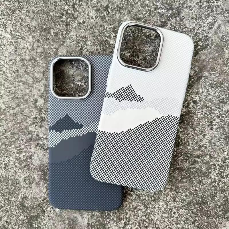 Kevlar Texture Magnetic Phone Case for Apple 17 Pro Max with Mountain & Starry River Design, Plaid Hard Protective for Apple 15
