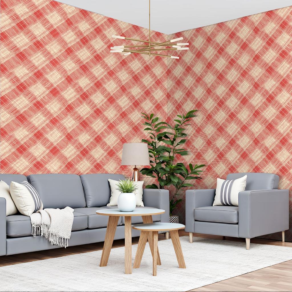 Red Beige Plaid Wallpaper 22.83"X118" Waterproof Wallpaper for Living Room/Bedroom/Bathroom PVC Wall Sticker
