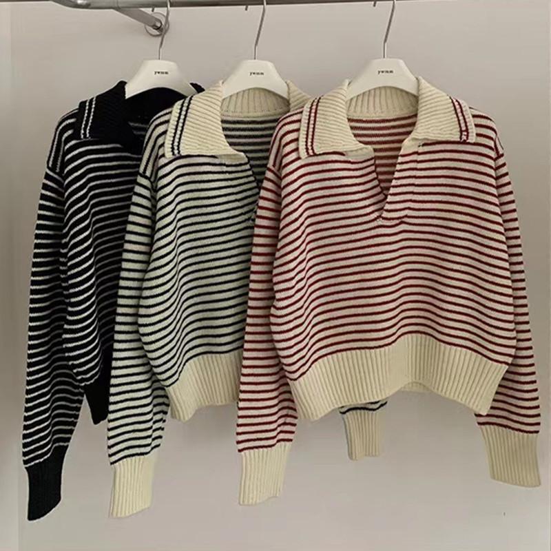 Podzimní dámský svetr vysokoškolský styl pletený top volný úzký pruhovaný svetr s dlouhým rukávem