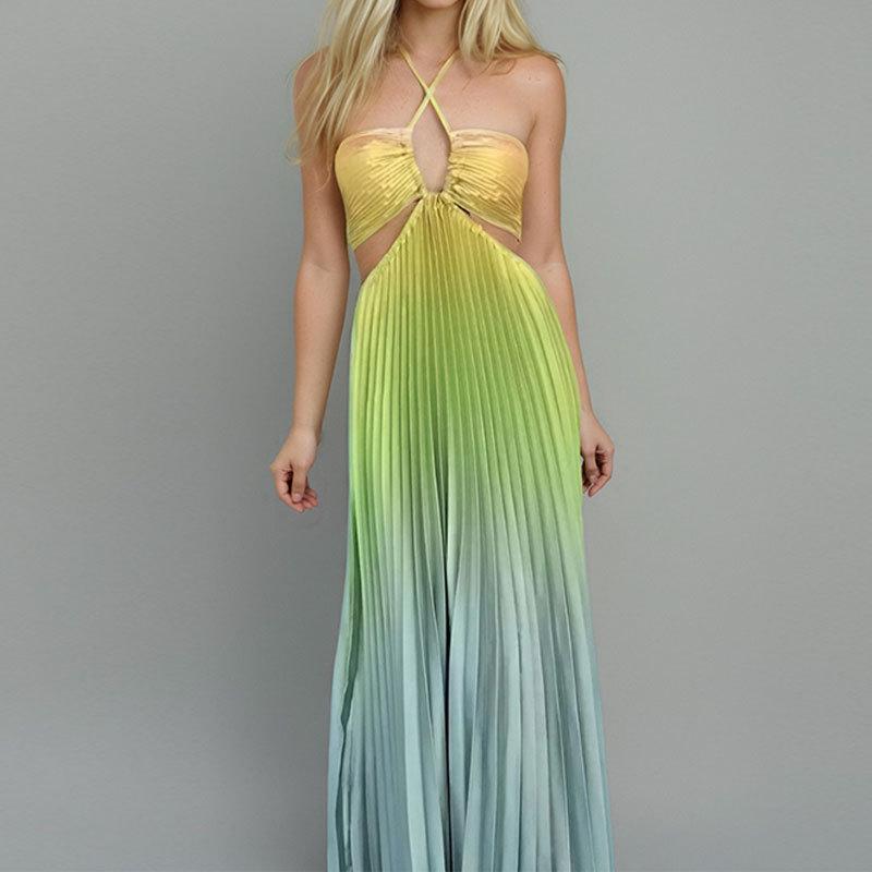 European and American women's clothing, spring new gradual change of color neck pleated fashion holiday dress