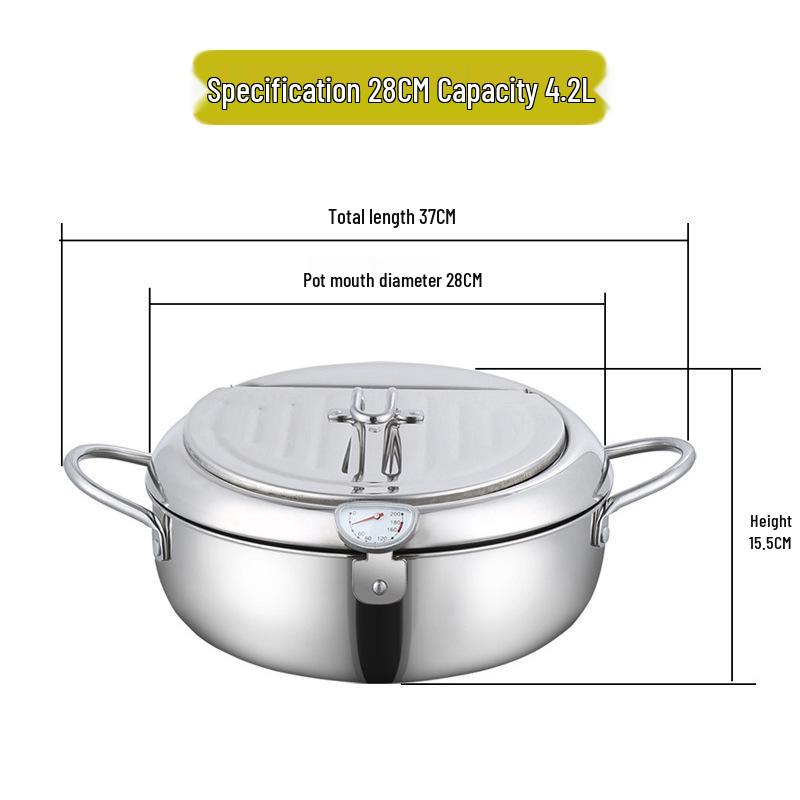 304 Stainless Steel Tempura Frying Pot with Double-Bottom, Oil-Saving, Temperature Control, and Thermometer for Gas and Induction Cookers