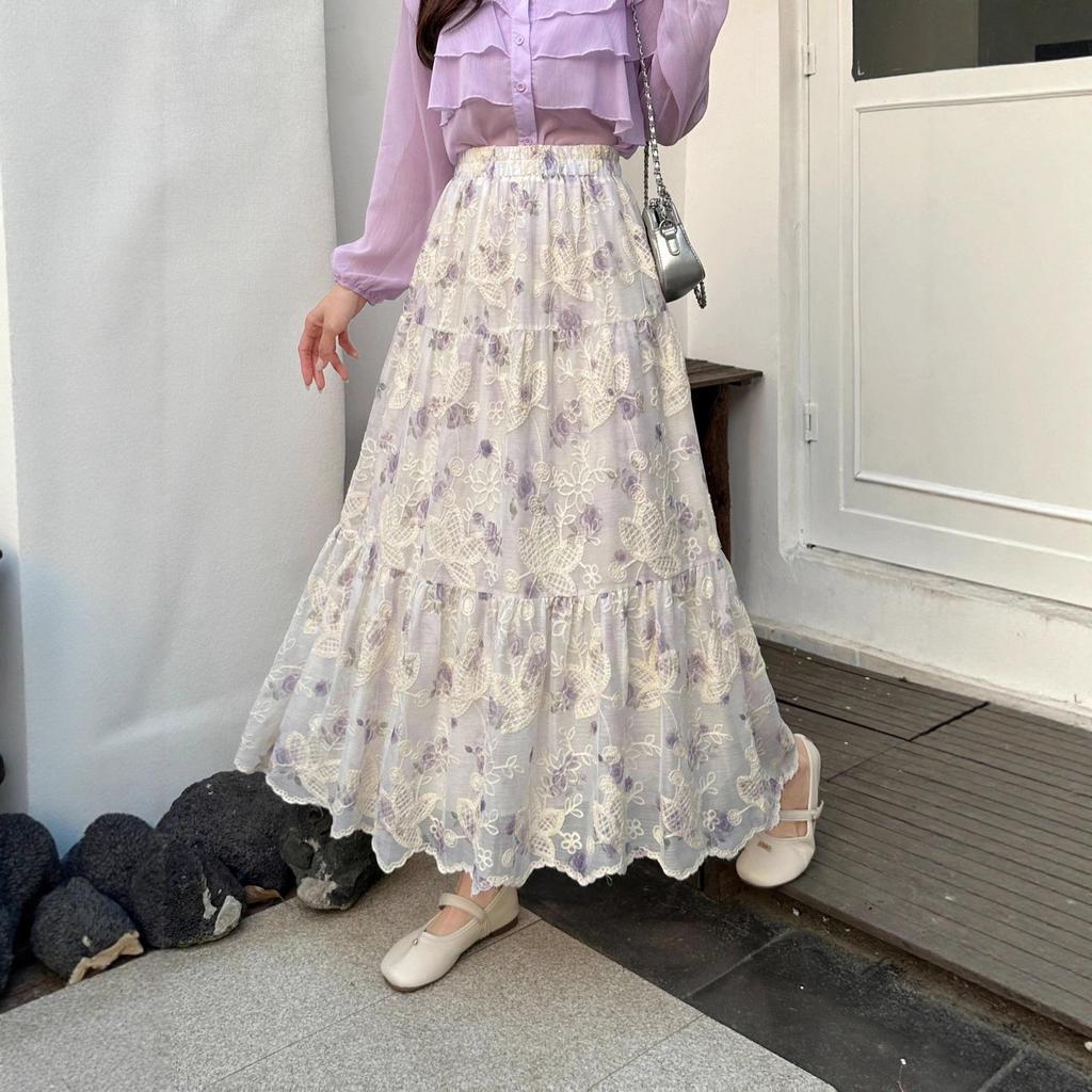 Summer 2025 High-Waist Yellow Floral A-Line Chiffon Skirt for Women R85S657B
