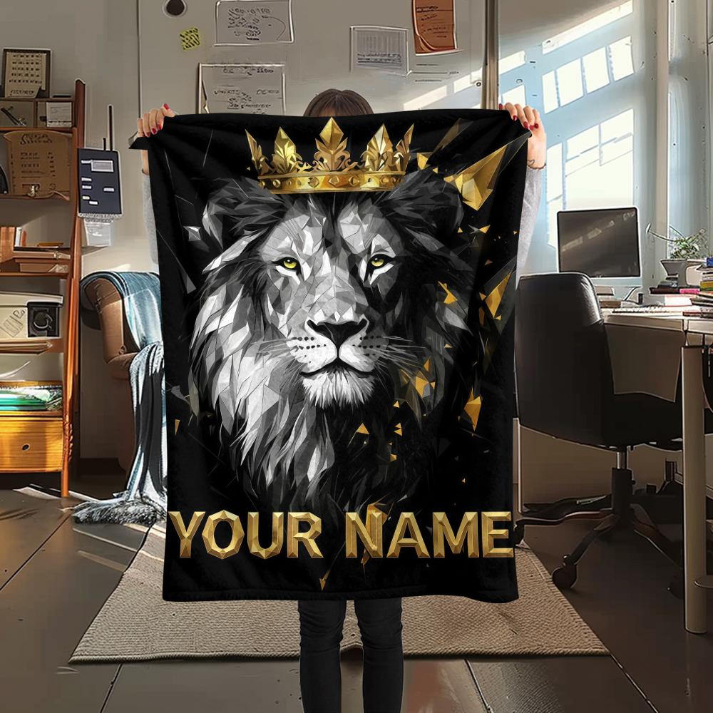 1PC Custom Name Royal Lion Majesty Patterned Flannel Blanket Suitable For All Seasons for Home Decor Warmth and Comfort Gifts Holiday Present_lx