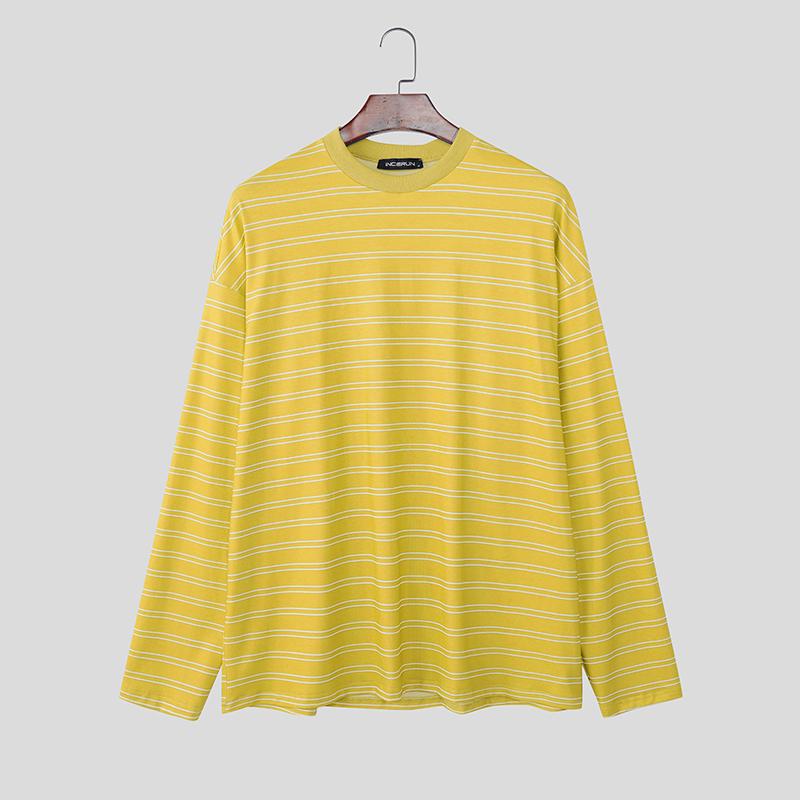 INCERUN Oversized Men Long Sleeve Striped Loose Casual Tops T-shirts