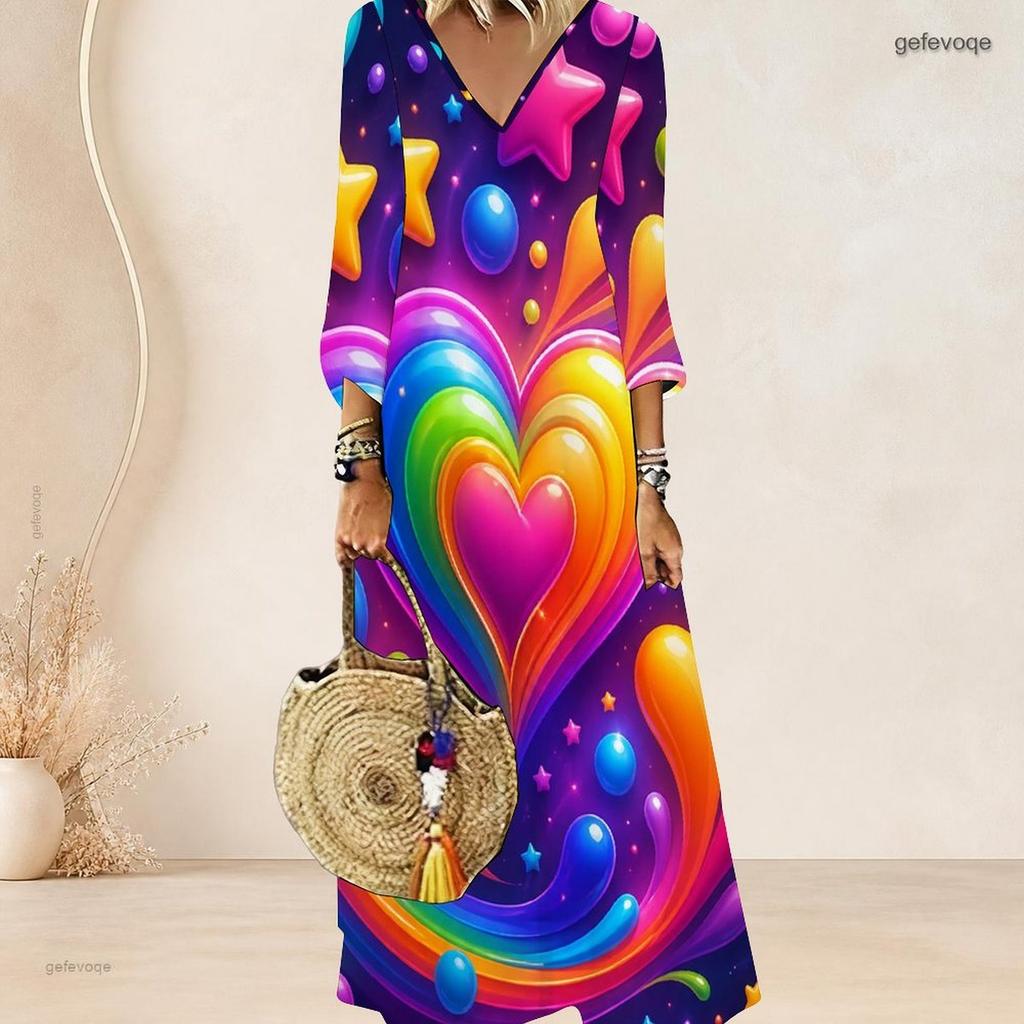Plus Size Women V Neck 3 4 Sleeve Maxi Dress Trendy Soft Street Outfit