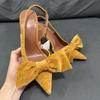 Moda Zapatos de Tacón Alto Mula Puntiaguda de Terciopelo Amarillo con Lazo para Mujer